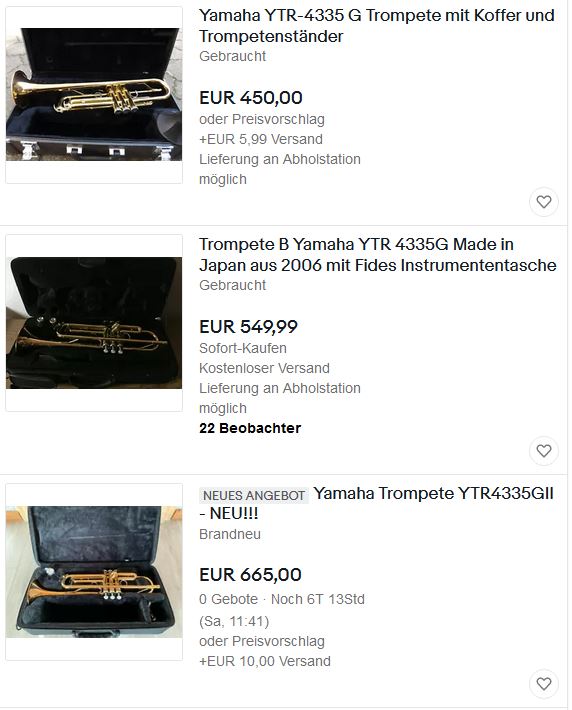 Trompetenangebote für 450,- EUR, 549,- EUR und 665,- EUR.
